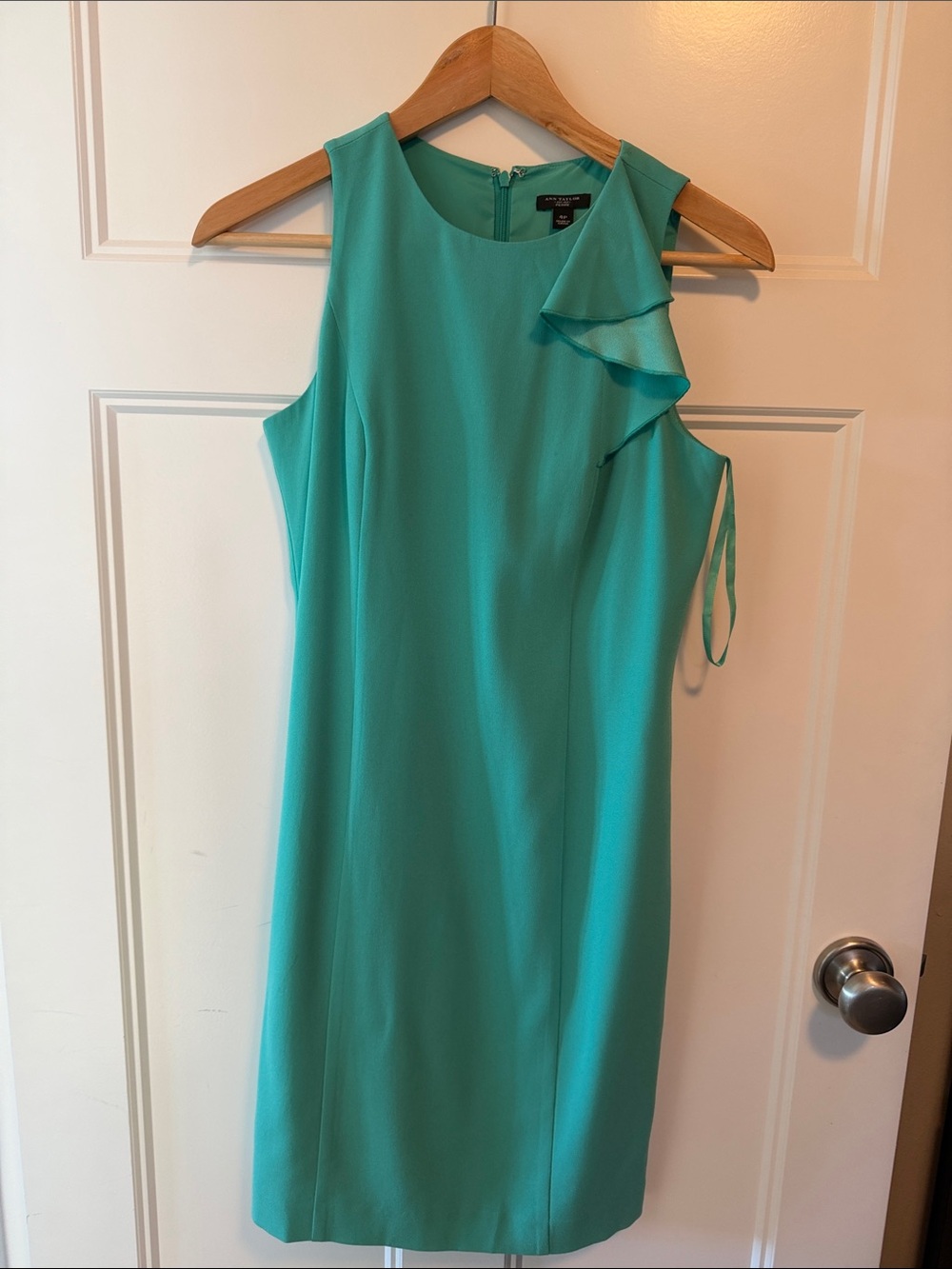 Ann Taylor Turquoise Ruffle-Shoulder Sheath Dress